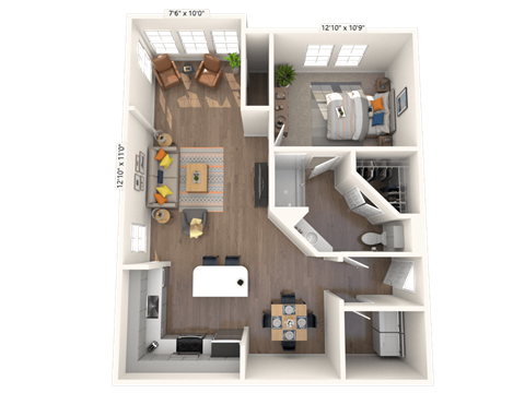 Floor plan for 1 bed, 1 bath, 820 sqft